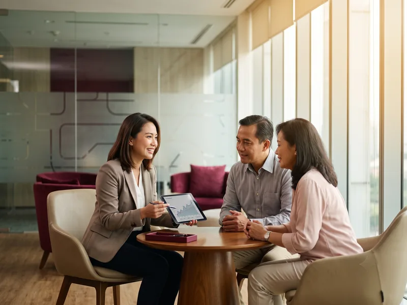 A relationship manager advising a client couple in a bank lounge