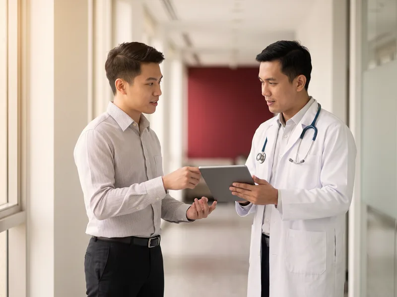 A medical representative presenting product information to a doctor
